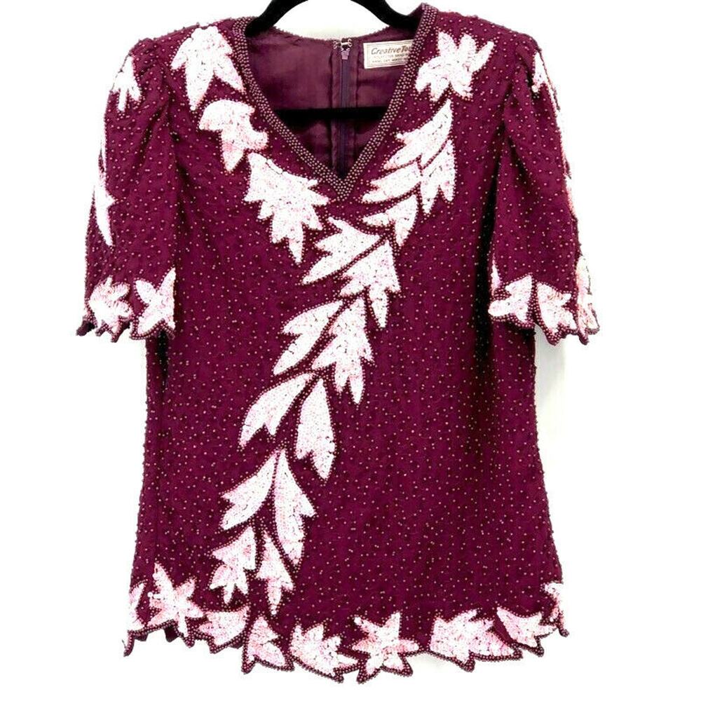 VTG Beaded Sequin Top Burgundy Floral Party Evening Glam Blouse M Scalloped Hem